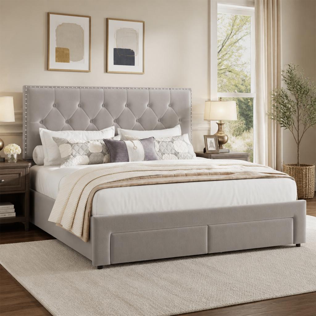 King Size Bed Frame With Storage Drawers - Estrutura de cama tamanho king com