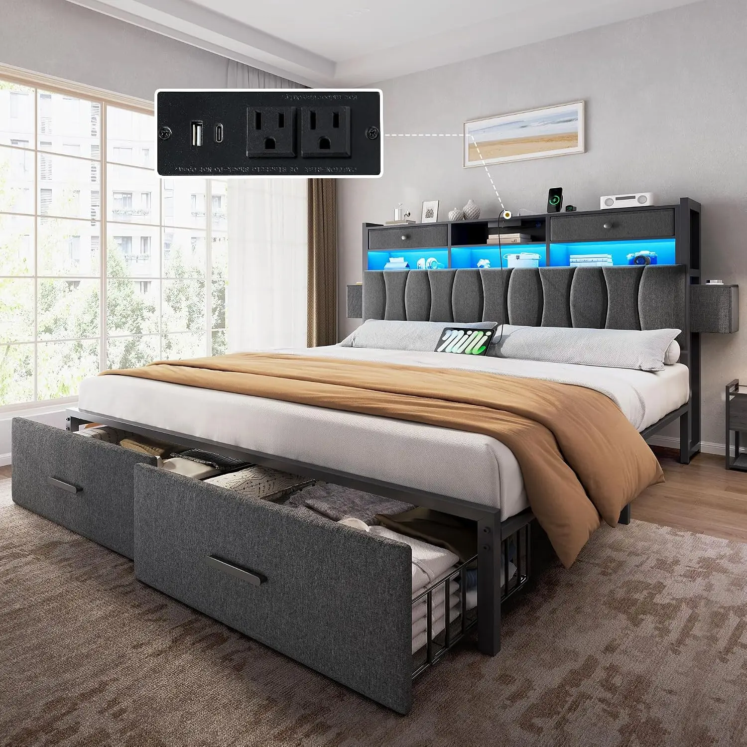 King Size Bed Frame With Storage Drawers - Estrutura de cama tamanho king com